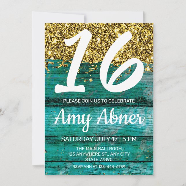 Teal and Gold Sweet 16 Birthday Party  Invitation (Front)