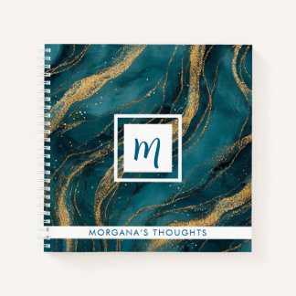Teal and Gold Swirls Monogram Square Notebook