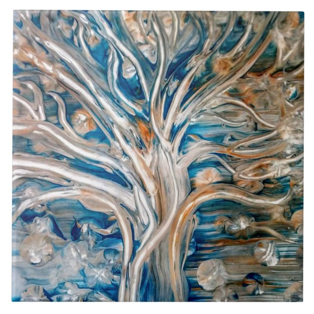 Teal and Gold Tree Ceramic Tile (Front)