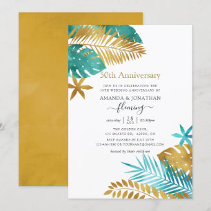 Teal and Gold Tropical 50th Wedding Anniversary Invitation
