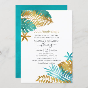 Teal and Gold Tropical 50th Wedding Anniversary Invitation