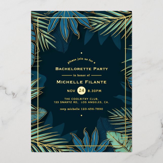 Teal and Gold Tropical Bachelorette Party Foil Inv (Front)