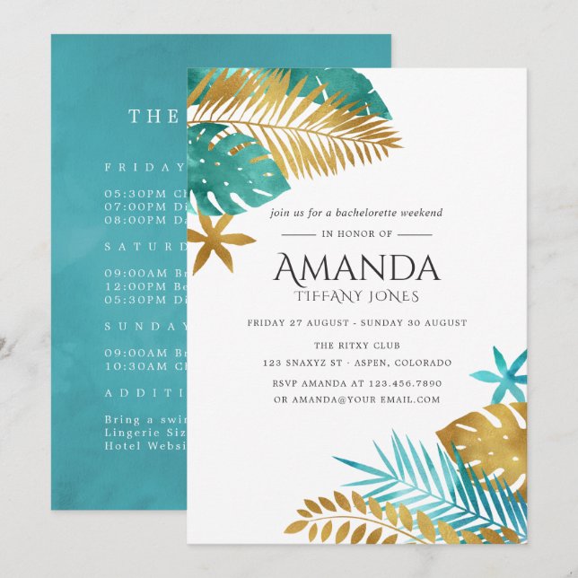 Teal and Gold Tropical Bachelorette Weekend Invitation (Front/Back)