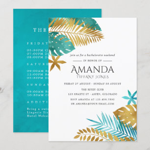 Teal and Gold Tropical Bachelorette Weekend Invitation
