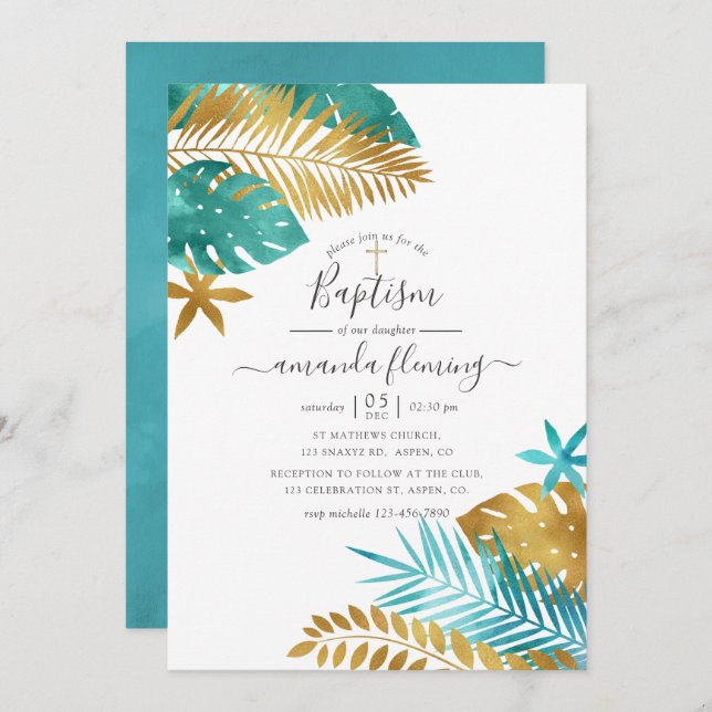 Teal and Gold Tropical Baptism Invitation (Front/Back)