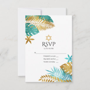 Teal and Gold Tropical Bat Mitzvah RSVP Card