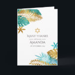 Teal and Gold Tropical Bat Mitzvah Thank You Card<br><div class="desc">Express your gratitude with this elegant thank-you card, perfect for a Bat Mitzvah or Jewish celebration. Featuring a tropical design with teal and gold palm leaves and a Star of David, this card beautifully blends modern style with traditional symbolism. Fully customisable, it's a thoughtful way to thank your guests for...</div>
