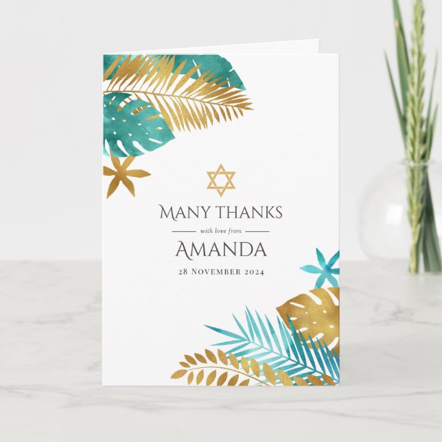 Teal and Gold Tropical Bat Mitzvah Thank You Card (Front)