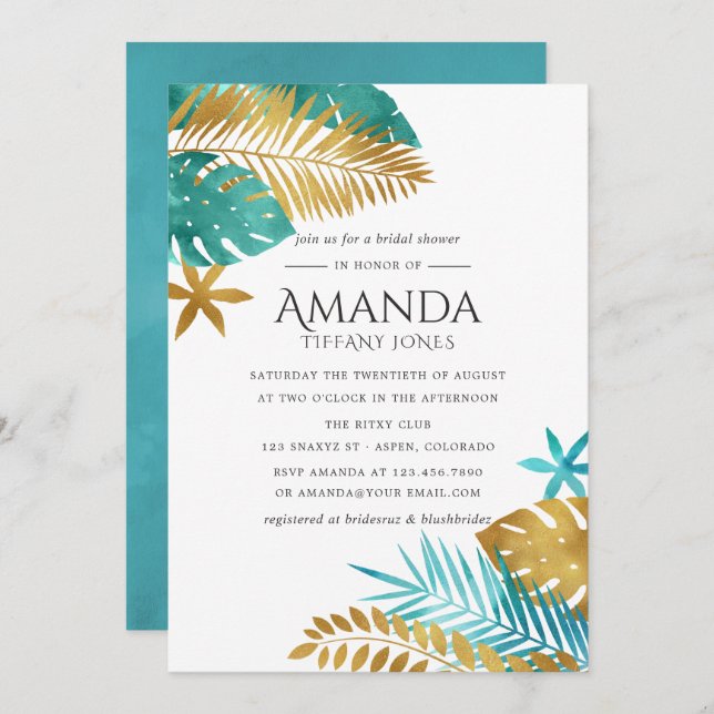 Teal and Gold Tropical Bridal Shower Invitation (Front/Back)