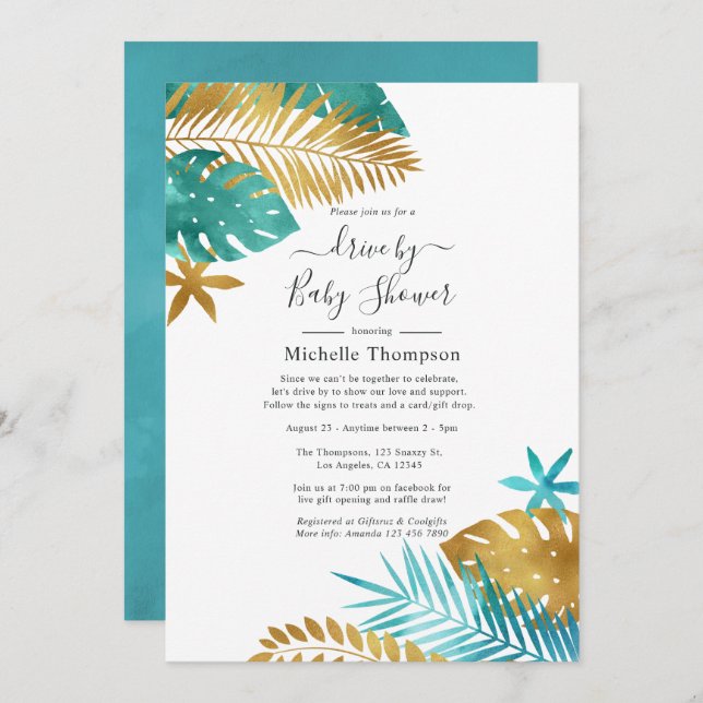 Teal and Gold Tropical Drive By Shower Invitation (Front/Back)