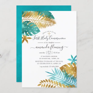 Teal and Gold Tropical First Holy Communion Invitation