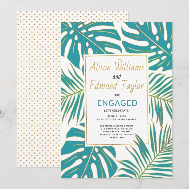 Teal and gold tropical leaves engagement party invitation (Front/Back)