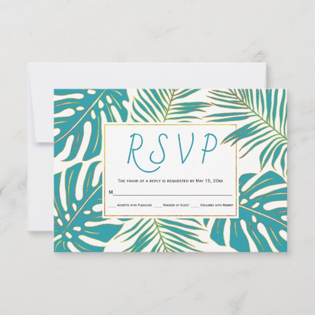 Teal and gold tropical leaves wedding RSVP card (Front)