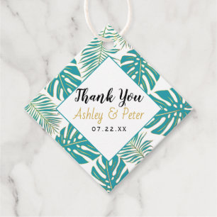 Teal and gold tropical leaves wedding Thank You Favour Tags