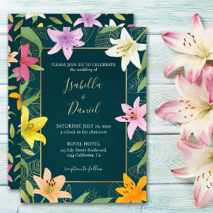 Teal and Gold Tropical Lily Wedding Invitation