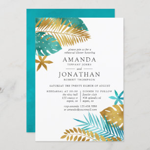 Teal and Gold Tropical Rehearsal Dinner Invitation