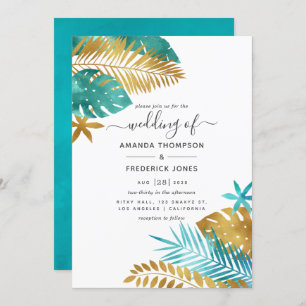 Teal and Gold Tropical Wedding Invitation