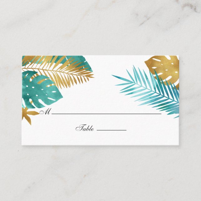 Teal and Gold Tropical Wedding Place Card (Front)