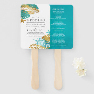 Teal and Gold Tropical Wedding Program Hand Fan