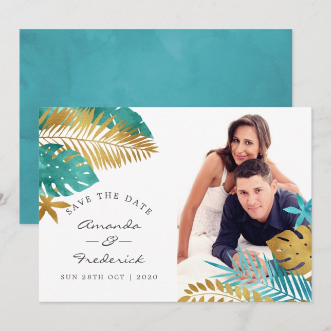 Teal and Gold Tropical Wedding Save the Date Invitation (Front/Back)