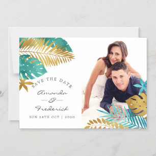 Teal and Gold Tropical Wedding Save the Date Magnetic Invitation
