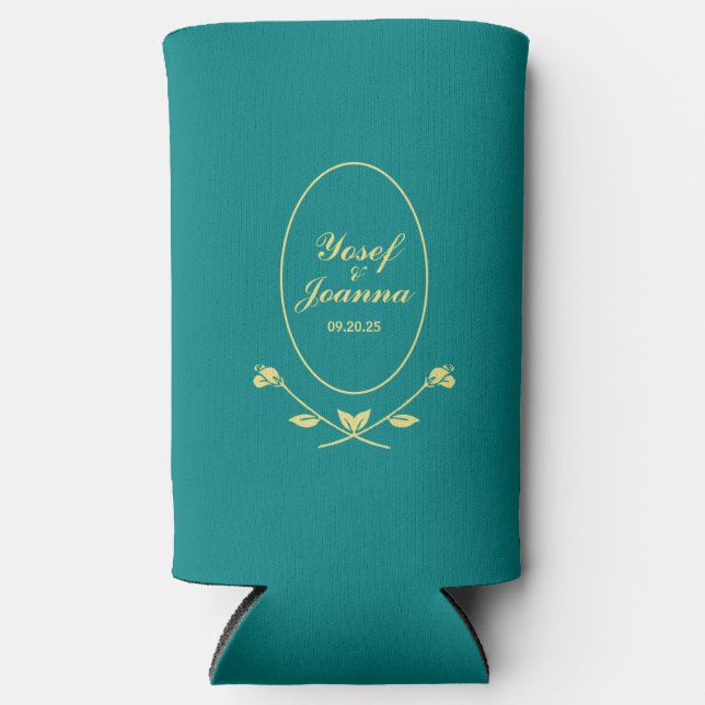 Teal and Gold Wedding Seltzer Can Cooler (Front)