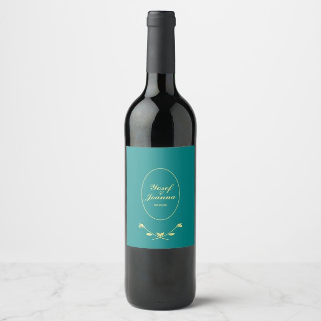 Teal and Gold Wedding Wine Label (Front)