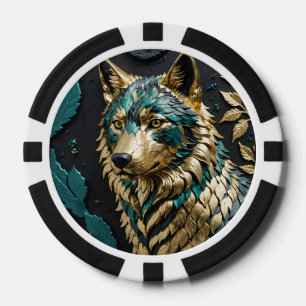 Teal and Gold Wolf Poker Chips