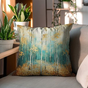 Teal And Golden Forest Watercolor Decorative Cushion