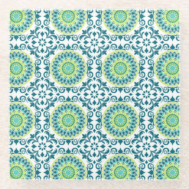 Teal and Green Boho Style Glass Coaster (Front)