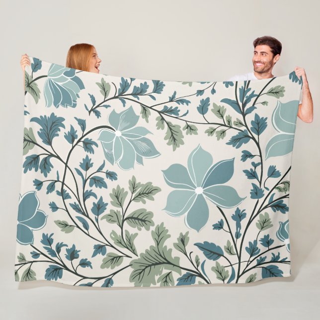 Teal and Green Floral Pattern on Cream Background Fleece Blanket (In Situ)