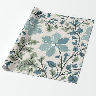Teal and Green Floral Pattern on Cream Background Wrapping Paper