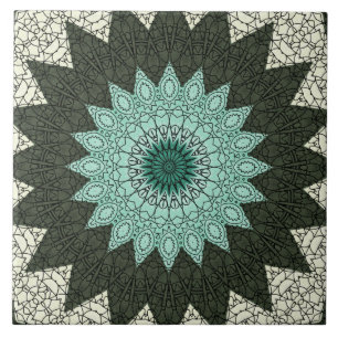 Teal and Green Geometric Mandala Pattern Ceramic Tile