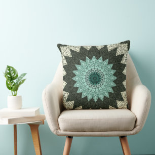 Teal and Green Geometric Mandala Pattern Cushion