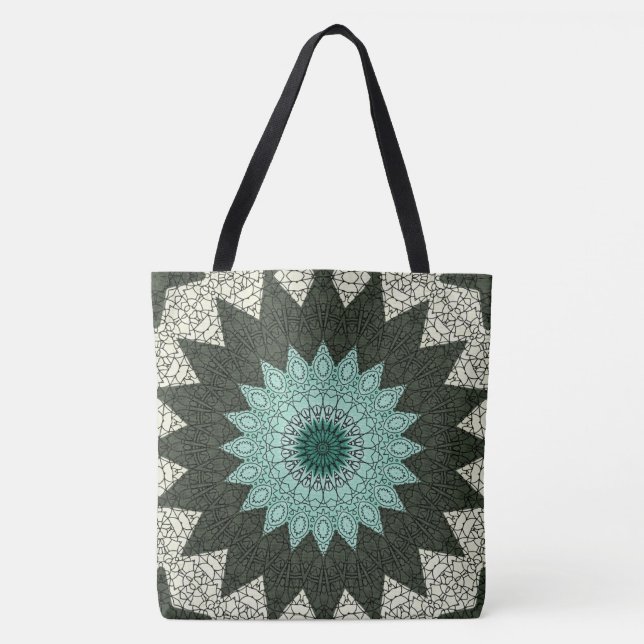 Teal and Green Geometric Mandala Pattern Tote Bag (Front)