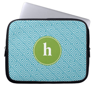 Teal and Green Greek Key Pattern Monogram Laptop Sleeve