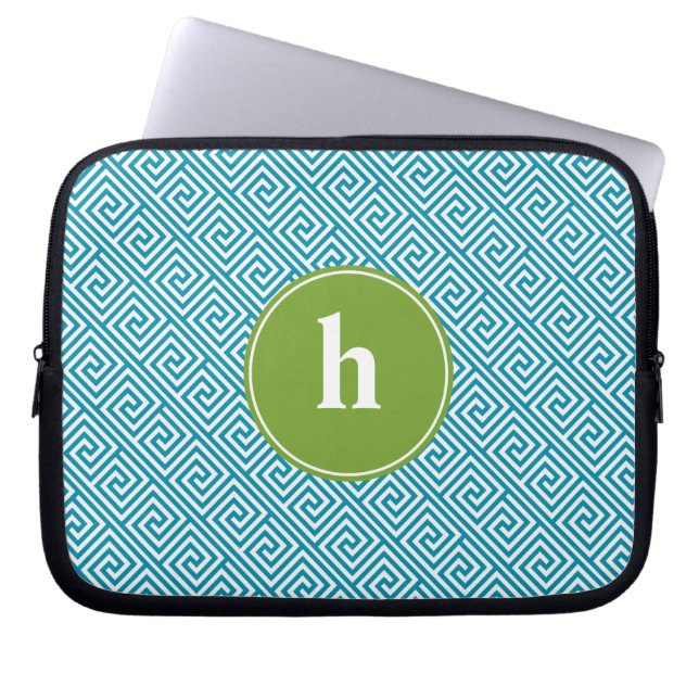 Teal and Green Greek Key Pattern Monogram Laptop Sleeve (Front)