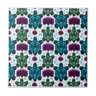 Teal and green sea turtles lotus pattern ceramic tile