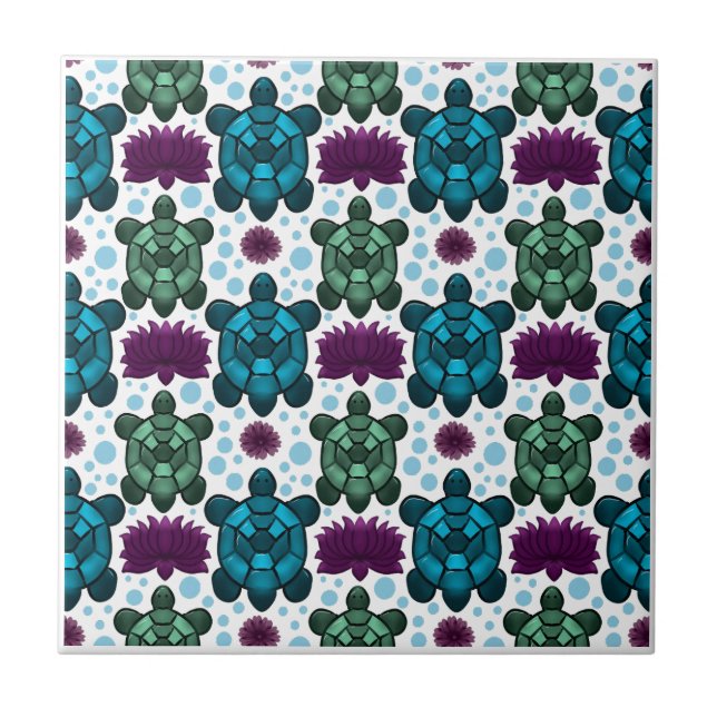 Teal and green sea turtles lotus pattern  ceramic tile (Front)