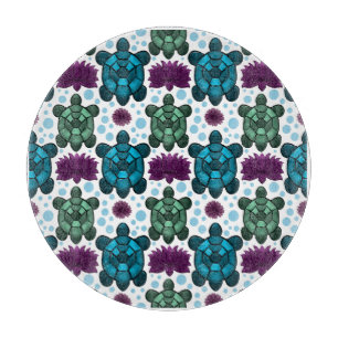 Teal and green sea turtles lotus pattern cutting board