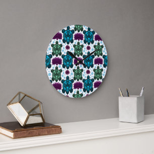 Teal and green sea turtles lotus pattern large clock