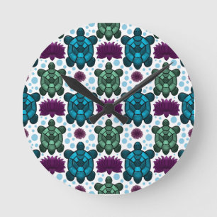 Teal and green sea turtles lotus pattern round clock