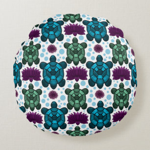 Teal and green sea turtles lotus pattern round cushion