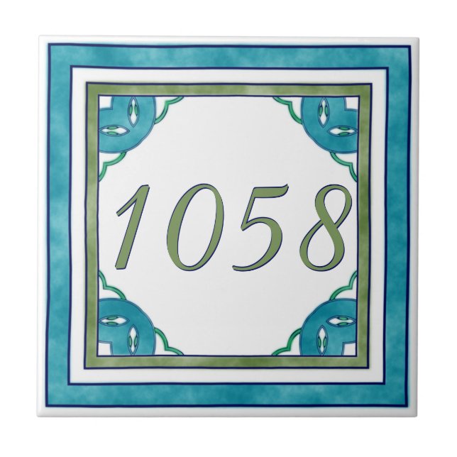 Teal and Green Small House Number Ceramic Tile (Front)