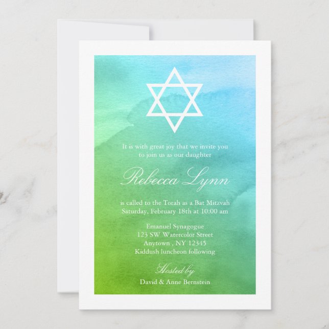 Teal and Green Watercolor Bat Mitzvah Invitation (Front)