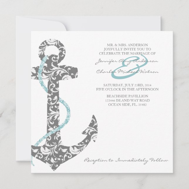 Teal and Grey Anchor Beach Wedding Invitation (Front)
