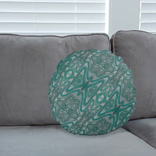 Teal and Grey Boho Chic Abstract Pattern Round Cushion