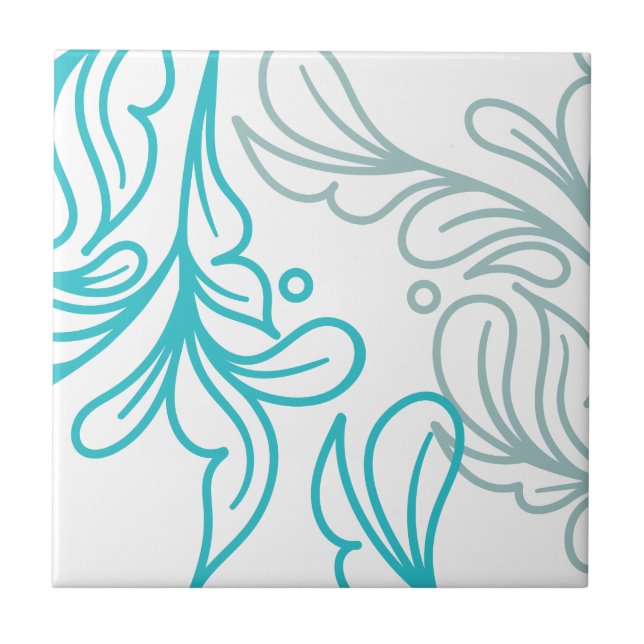 Teal and Grey Boho Leaf Design Ceramic Tile (Front)