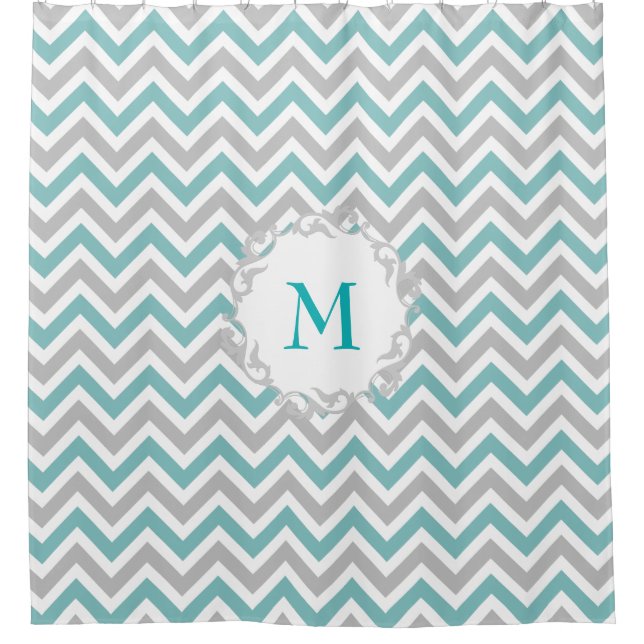 Teal and Grey Chevron Pattern with Custom Monogram Shower Curtain (Front)