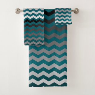 Teal and Grey Chevron Stripes Bath Towel Set